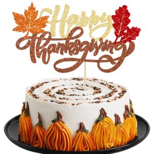 Gyufise 1Pcs Happy Thanksgiving Cake Topper Glitter Maple Leaves Happy Friendsgiving Cake Pick Give Thanks Cake Decoration for Autumn Fall Thanksgiving Day Theme Party Cake Decorations Supplies