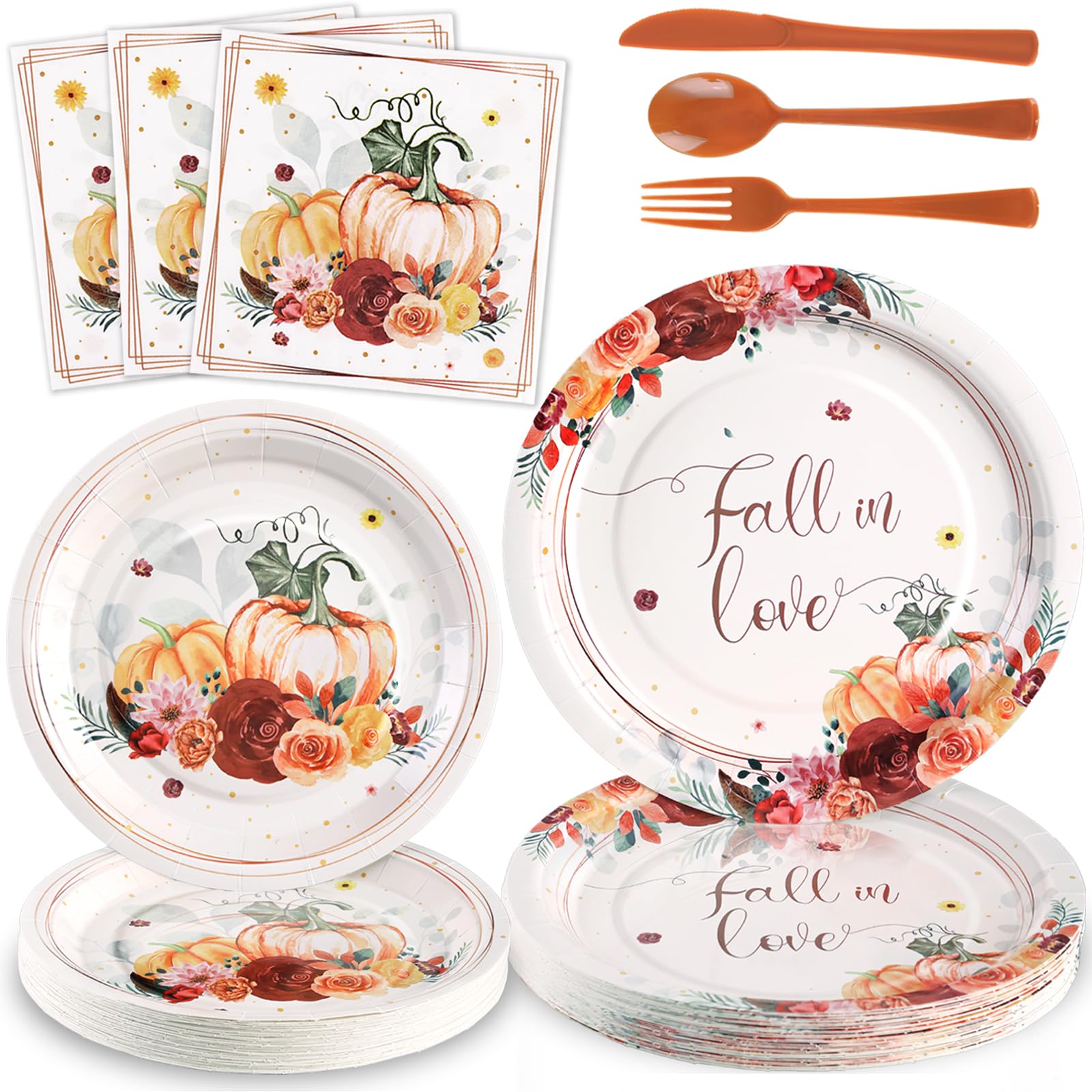 Gudvilla 150Pcs Fall in Love Bridal Shower Decor, Fall Bridal Shower Plates and Napkins Sets Serves 25, Falling in Love Plates for Floral Pumpkin Autumn Wedding Engagement Bachelorette Party