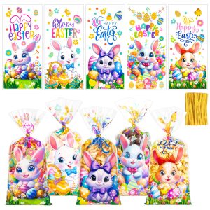 GIFOHAPY 100 PCS Easter Treat Bags with 120 pcs Twist Ties, 5 Style Cellophane Candy Bags for Kids, Sturdy Colorful Cellophane Cookie Goody Party Favor Bags for Easter Party Supply