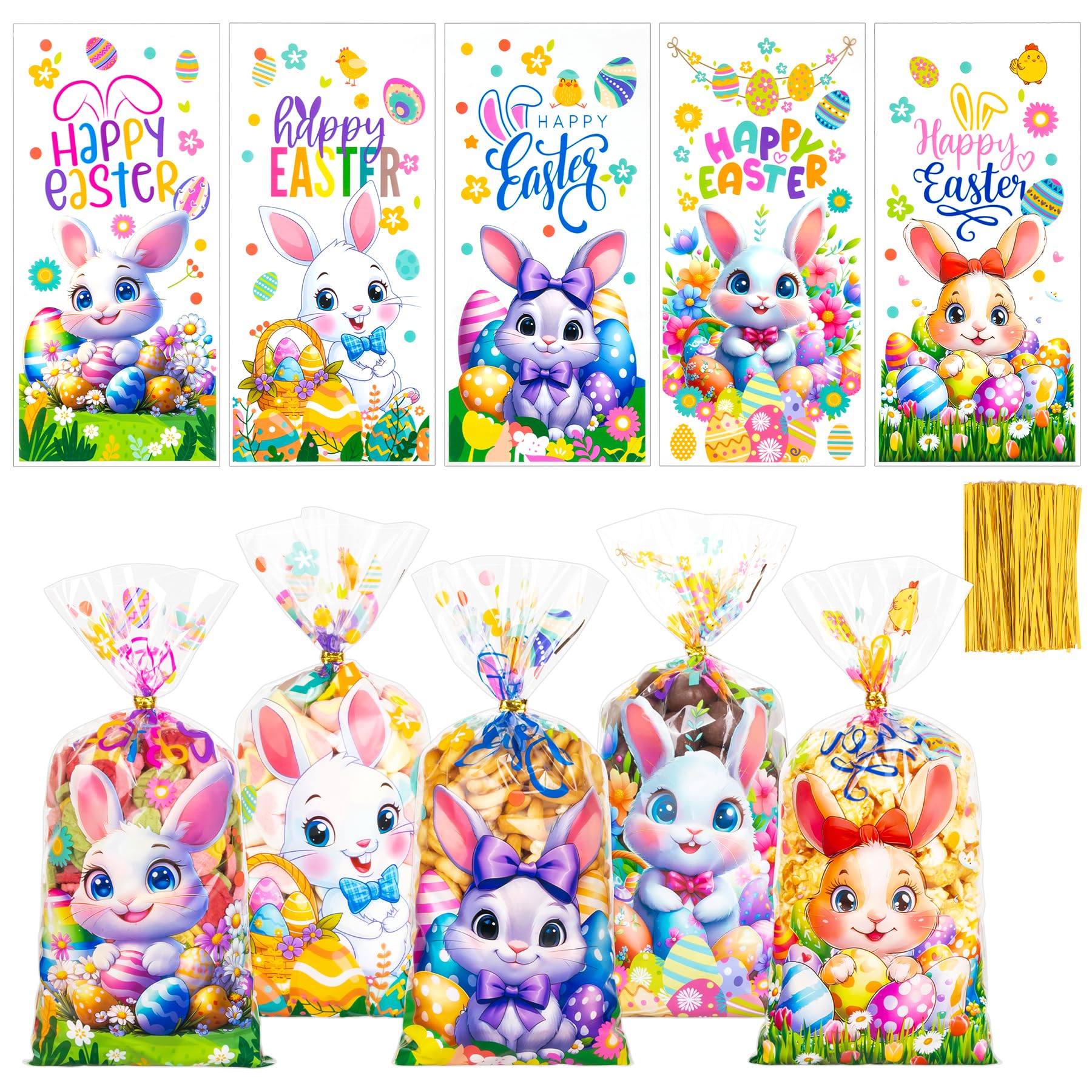 GIFOHAPY 100 PCS Easter Treat Bags with 120 pcs Twist Ties, 5 Style Cellophane Candy Bags for Kids, Sturdy Colorful Cellophane Cookie Goody Party Favor Bags for Easter Party Supply