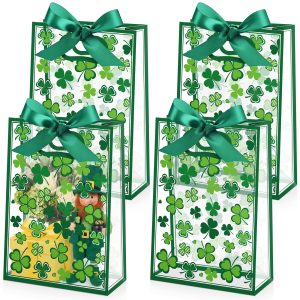Capoda 24 Pack St Patrick's Day Shamrock Gift Bags with Handles Clover Party Favor Bag Reusable Plastic St Patricks Goodie Bags, 10x7x3 Inch Lucky Clover Treat Bag for Holiday Party Supplies