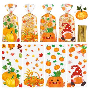 100 Pcs Fall Treat Bags - Plastic Thanksgiving Goodie Bags, Autumn Thanksgivings Maple Leaves Pumpkin Candy Cookie Snack Cellophane Goody Bag with Twist Ties for Fall Gift Wrap Party Favors Supplies