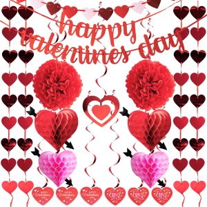 JOYIN 20 Packs Valentine’s Day Swirl String Cutout with Garland , Party Decoration Kit with Banner, Cutouts Swirls Garland, Tissue Fans &Poms for Valentines Party Supplies, Decor Wedding Anniversary