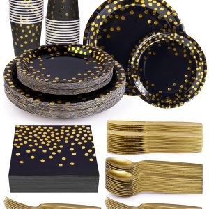 224 Pieces Party Supplies, Black and Gold Party Plates Cups and Napkins Sets with Plastic Knives forks spoons, Disposable Tableware Serves 32 Sets for Wedding, Birthday, Graduation, Festivals