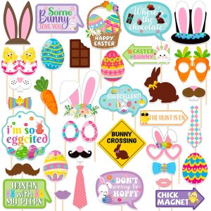 Easter Party Decorations Happy Easter Photo Booth Props Kit Cute Eggs Bunny Glasses Birthday Photography Props Rabbit Chick Eggs Spring Party Decorations Supplies 35 Pieces