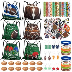 Yeepestmi 110Pcs Football Party Favors Drawstring Bags Football Goodie Bag with Mini Ball, Wristband, Slap bracelets, Keychains, Stickers for Football Party Supplies
