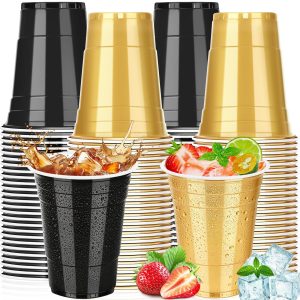 leeauszya 100 Pack 16 oz Black and Gold Cups, Heavy Duty Plastic Cups for Party Graduation Birthday, Disposable Cups for Christmas Halloween Wedding Picnic Serving and Celebrations