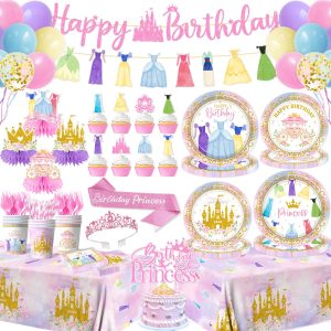 Princess Birthday Party Decorations,191pcs Princess Party Decorations Tableware Pink princess Plates and Napkins Cups Tablecloth Banner Hanging Swirls Cake Topper for Girl Birthday Supplies,Serve 24