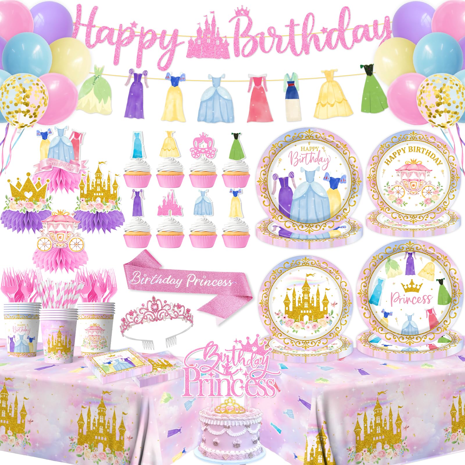 Princess Birthday Party Decorations,191pcs Princess Party Decorations Tableware Pink princess Plates and Napkins Cups Tablecloth Banner Hanging Swirls Cake Topper for Girl Birthday Supplies,Serve 24