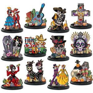 Wesiti 12 Pcs Dia De Los Muertos Table Decorations Wooden Sugar Skull Decor