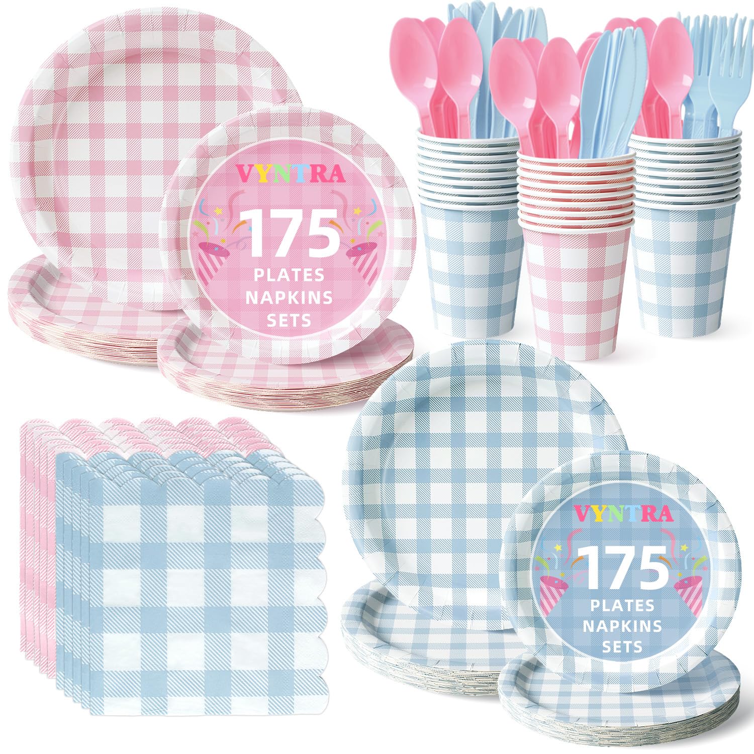 Vyntra 350-Pc Pink and Blue Gingham Paper Plates and Napkins Party Supplies