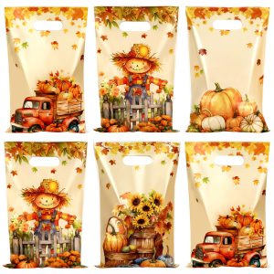 Fall Thanksgiving Treat Bags, 60 PCS Fall Thanksgiving Gift Bags with Handles, 9.8x6.5 Inch Plastic Maple Leaf Pumpkin Scarecrow Candy Goodie Cookies Bag for Falls Autumn Haverst Party Favor Supplies