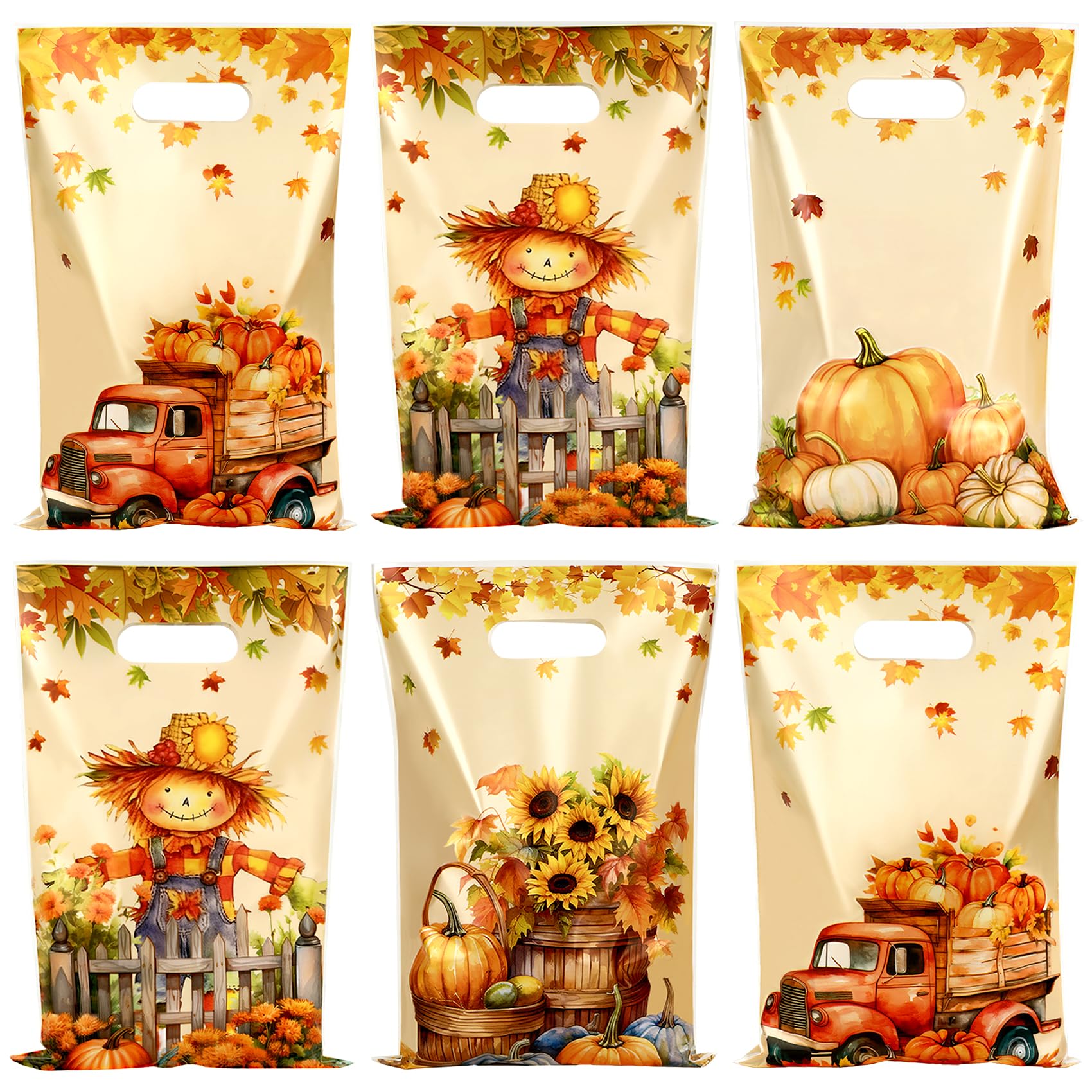 Fall Thanksgiving Treat Bags, 60 PCS Fall Thanksgiving Gift Bags with Handles, 9.8x6.5 Inch Plastic Maple Leaf Pumpkin Scarecrow Candy Goodie Cookies Bag for Falls Autumn Haverst Party Favor Supplies