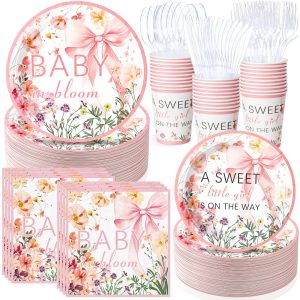 FillTouch 350 Pcs Baby in Bloom Baby Shower Party Plates Napkins a Sweet Is on The Way Paper Cups with Clear Knives Fork Spoon for Pink Bow Flower Disposable Birthday Tableware for 50 Guests