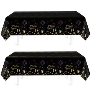 Childom 2 Pack Happy New Year Tablecloths,Happy New Years Decorations 2027,Disposable Rectangular Tablecloths Plastic 54"x108",Black and Gold Table Cloth for Home Dining Outdoor Holiday Party Supplies