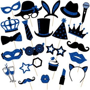 Zonon 24 Pcs Photo Booth Props Set Black Gold Birthday,Blue and Black