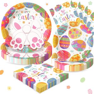Fighting to Achieve Happy Easter Plates and Napkins, 72PCS Colorful Easter Party Supplies, Bunny and Eggs Disposable Paper Plates, Spring Party Supplies, Rabbits Easter Party Decorations Serves 24