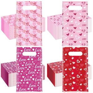 Colarr 100 Pcs Valentine's Day Treat Bags with Handles Pink & Red Heart Love Patterns - Bulk Plastic Gift Bags for Candy, Cookies & Goodies Party Favors for Galentine's Day, Wedding & Anniversary