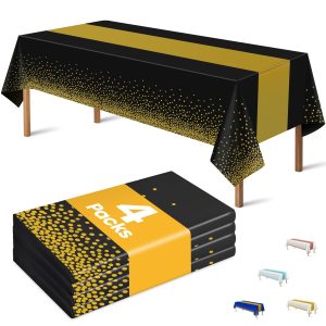 OHOME New Years Decorations 2027-4 Pack Disposable Plastic Table Cloths,Black and Gold Table Covers for 50th Birthday Retirement Graduation Decorations Backdrop | New Years Eve Party Supplies Favors
