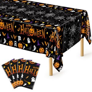 4 Pack Halloween Tablecloth 54 x 108 Inch Pumpkin Spider Web Table Cover | Disposable PE3 Plastic Tablecloth,…
