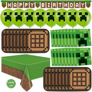 Minecraft Birthday Decorations for Party with Balloons, Tablecloth, Banner