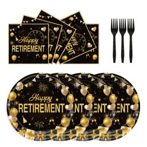72Pcs Retirement Plates and Napkins, Black Gold Happy Retirement Party Decorations Paper Plates and Napkins with Forks Disposable Tableware Set for Men Women