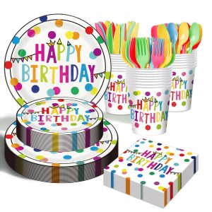 Birthday Plates & Napkins Party supplies - 175Pcs Happy Birthday Paper Plates and Napkins Sets, Disposable Happy Birthday Dots Tableware Set for Boys and Girls Party Decorations, Serves 25