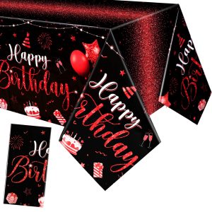 Tudomro 3 Pcs Plastic Happy Birthday Party Tablecloths,Black Red | Rectangular Disposable Table Cloth,Waterproof,…