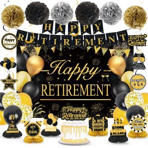 Retirement Party Decorations for Men Women Black Gold Happy Retirement Banner Backdrop Balloons Paper Pompoms Honeycomb Centerpiece Cake Topper Hanging Swirl Set