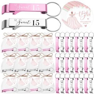 Dandat 50 Sets Quinceanera Party Favor Bottle Opener Keychain, Pink,Silver