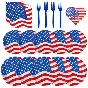 American Flag Patriotic Party Supplies - 4th of July Paper Plates, Napkins and Forks Set, Disposable Dinner Dessert Plates and Napkins for Memorial Day Independence Day Table Decorations, Serves 24