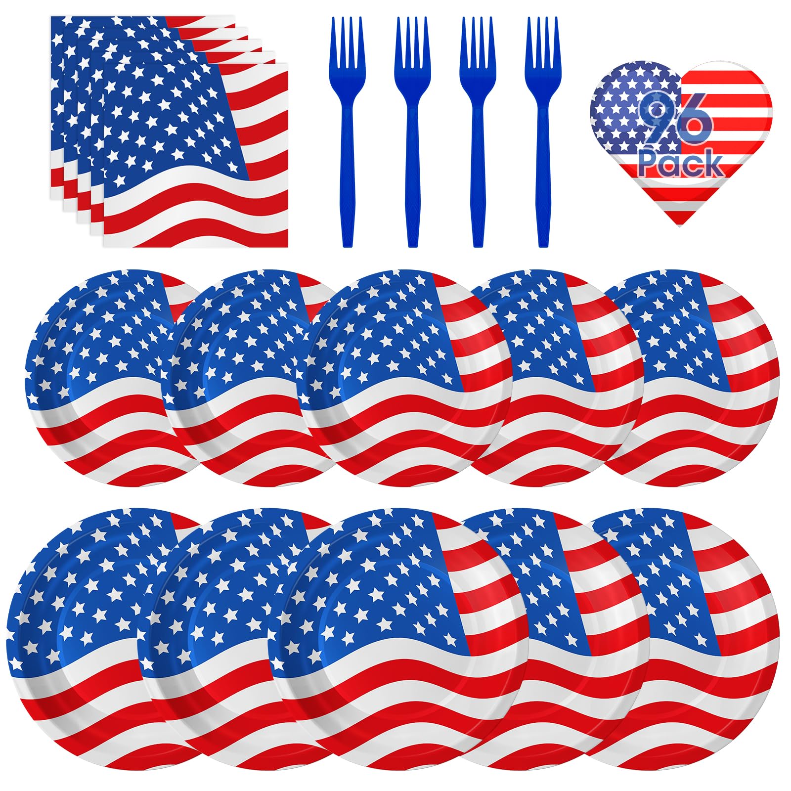 American Flag Patriotic Party Supplies - 4th of July Paper Plates, Napkins and Forks Set, Disposable Dinner Dessert Plates and Napkins for Memorial Day Independence Day Table Decorations, Serves 24