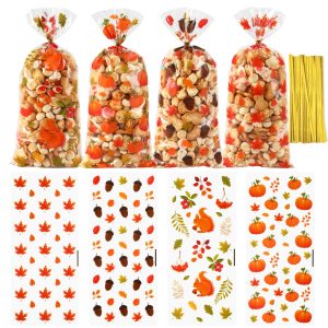 Fall Thanksgiving Treat Bags, 100 PCS Fall Thanksgiving Cellophane Treat Bags, Plastic Maple Leaf Pumpkin Acorn Candy Cookie Goodie Gift Bag with Twist Tie for Autumn Thanksgiving Party Favor Supplies