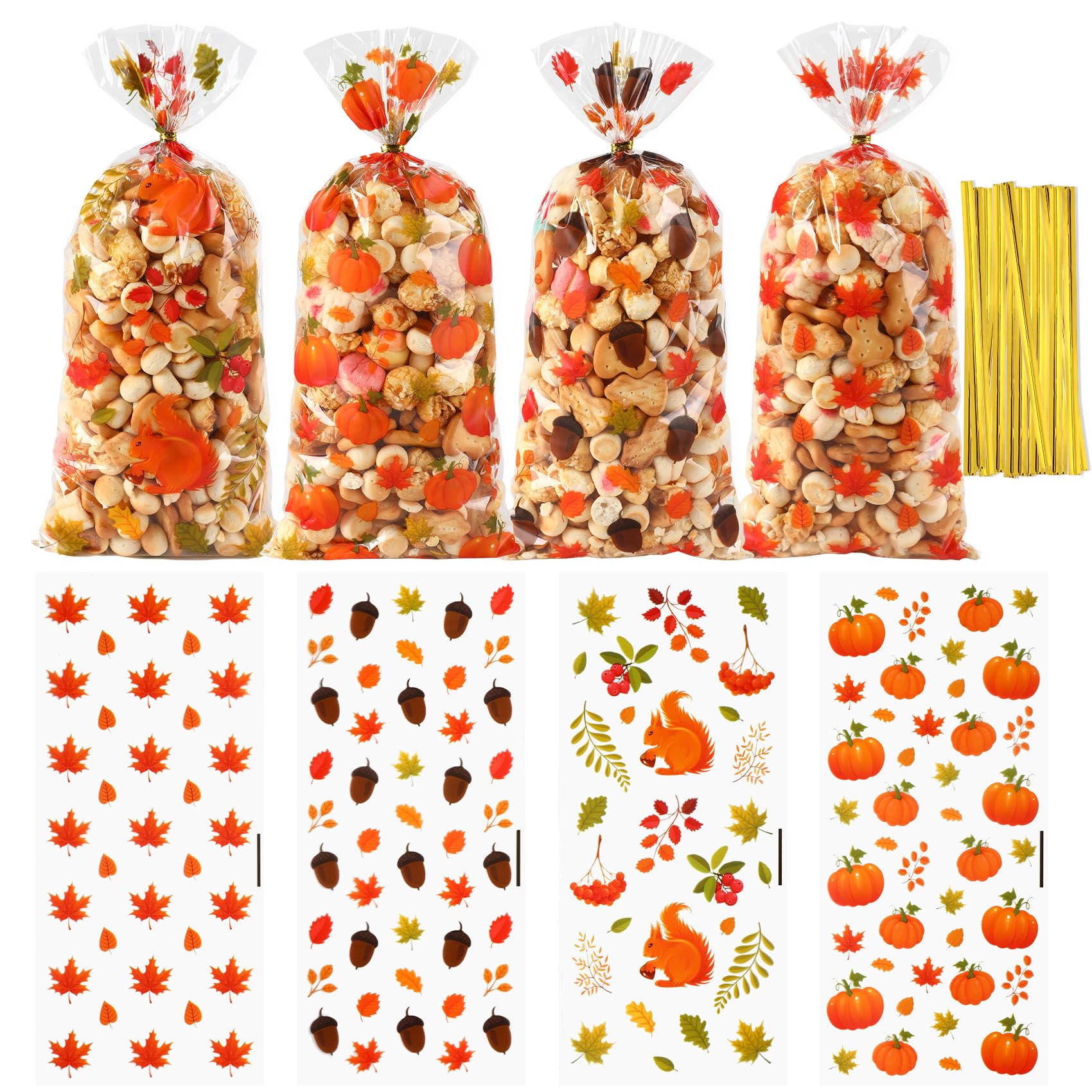 Fall Thanksgiving Treat Bags, 100 PCS Fall Thanksgiving Cellophane Treat Bags, Plastic Maple Leaf Pumpkin Acorn Candy Cookie Goodie Gift Bag with Twist Tie for Autumn Thanksgiving Party Favor Supplies