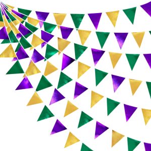 Mardi Gras Party Decorations Purple Green and Gold Metallic Fabric Triangle Pennant Banner Flag Hanging Bunting Garland for Birthday Wedding Baby Shower Bridal Shower Holiday Masquerade Party Supplies