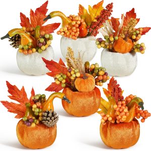 Artmag Set of 6 Artificial Pumpkins Decorations, Decorative Fabric Orange Pumpkin with Maple Berry Acorn Pine Cone Vegetables for Fall Thanksgiving Harvest Party Home Tabletop