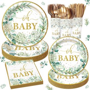 168pcs Sage Greenery Baby Shower Party Supplies, Neutral Party Decorations