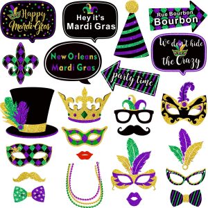24 Pieces Mardi Gras Photo Booth Props, Masquerade Props DIY Mardi Gras Photography Decorations, Funny Selfie Photo Prop Pack for Party Supplies, for Adults