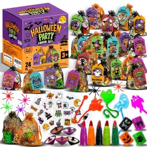 VKTEN 24 Pack Halloween Party Favors for Kids–Prefilled Mesh Treat Bags with Toys, Gift Tags & Twine–Trick or Treat Goodie Bag Fillers, Classroom Prizes & Exchange Gifts