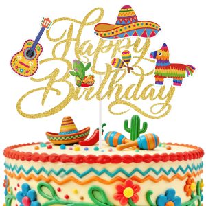 Hooqict Mexican Happy Birthday Cake Topper Guitar Sombrero Taco Mexican Cake Decorations for Fiesta Birthday Party Cinco de Mayo Decorations Supplies