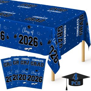 QZYL 4 Pack Graduation Tablecloth, 54" x 108" Blue Graduation Table Decorations 2026, Plastic Tablecover for Class of 2026 Congrats Grad, Rectangle Disposable Grad Party Decorations Supplies Favors