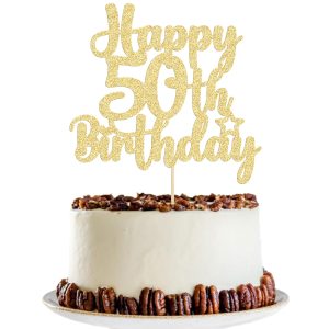 Gyufise 1Pc Happy 50th Birthday Cake Topper Glitter 50 & Fabulous Cheers to 50 Years Old 50th Birthday Cake Pick for Celebrating 50th Birthday Anniversary Party Cake Decorations Gold