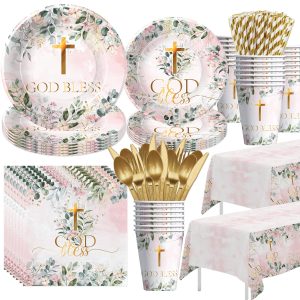 Suhelkit God Bless Baptism Plates And Napkins Decorations Girls, Serves 24