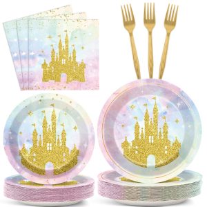 96Pcs Princess Castle Party Decorations Watercolor Pastel Rainbow Paper Plates and Napkins Gold Glitter Tableware Set Princess Plates for Girl Birthday Party Baby Shower Decoration Serve 24