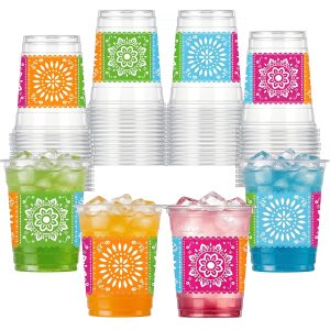 50 Pack 12oz Disposable Plastic Cups, Mexican Fiesta Party Drinking Cups