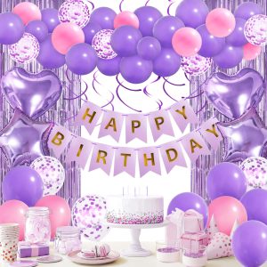 Pink Purple Birthday Decorations, Bday Party Supplies for Women Girls Princess with Happy Birthday Banner, Confetti Balloons, Fringe Curtain, Heart Star Foil Balloons, Hanging Swirls