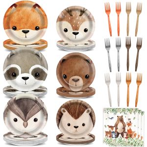 96Pcs Woodland Party Paper Plates and Napkins for Animal Party Decorations Woodland Creatures Dessert Plates Disposable Tableware for Kids Serves 24 Baby Shower Birthday Forest Animal Themed Supplies