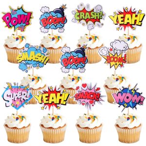 36 PCS Super Hero Boom Cupcake Toppers Smash Crash Pow Cupcake Picks for Celebrating Hero Theme Baby Shower Kids Birthday Party Cake Decorations Supplies