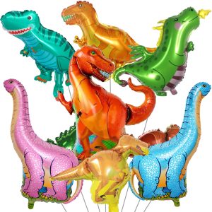 Dinosaur Foil Balloons Set (12-50 in), 7 Pieces Large Dinosaur Aluminum Mylar Balloons for Kids, Giant Cute Birthday Dino Party Decorations for Boys Jungle Dino Theme Baby Shower Decor Supplies