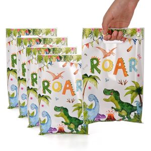 50 Pcs Dinosaur Party Favor Bags with Handles - Plastic Treat Bags for Candy & Small Gifts, Bulk Supplies for Wedding Baby Shower Goodie Bags, Holiday Gift Bags for Thanksgiving Halloween Christmas Ne